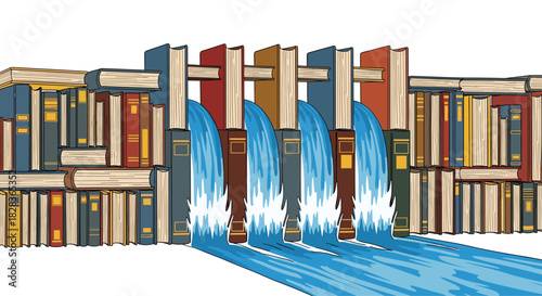 Books forming a dam holding back a waterfall of knowledge, Generative AI.