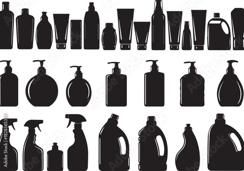 Silhouettes of various bottles and containers for personal care or cleaning products