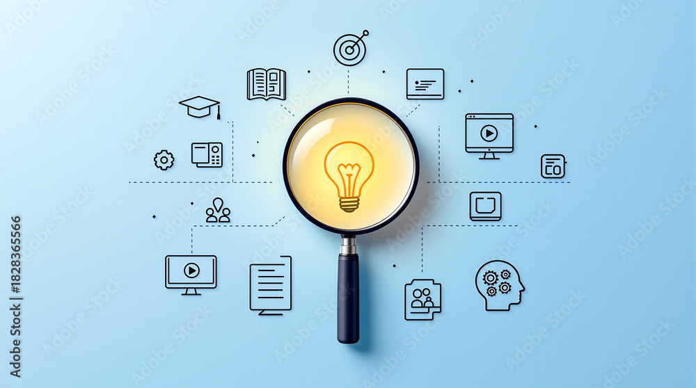 Fototapeta premium A lightbulb under a magnifying glass surrounded by icons on a light blue background in a flat style