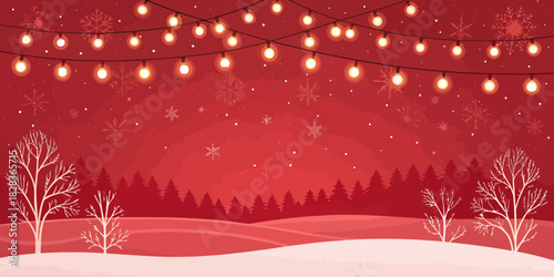 Enchanting winter landscape with softly falling snow, twinkling lights, and frosted trees evoking a cozy holiday spirit, perfect for seasonal designs