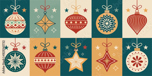 Cheerful holiday ornaments create a festive atmosphere perfect for invitations, greetings or social media graphics, vector-based graphic for easy scaling