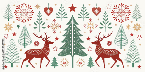 Enchanting Christmas Pattern with Festive Deer, Trees, Stars, and Snowflakes for Holiday Decor and Gifts, Bringing a Touch of Winter Magic