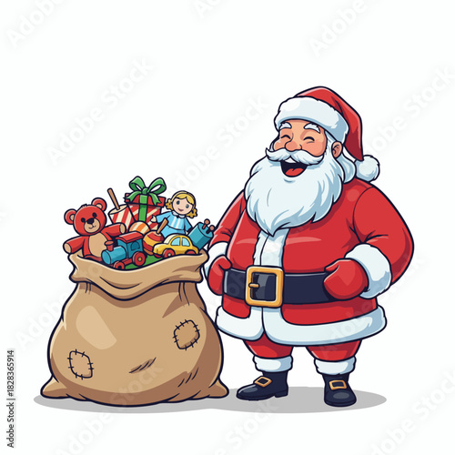 Cheerful Santa Claus standing next to large sack of toys illustration