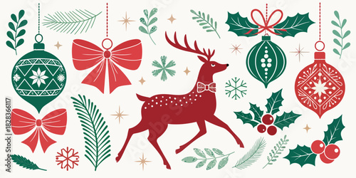 Charming holiday season elements featuring a reindeer with a bow tie, festive ornaments, ribbons, snowflakes, and sprigs of holly for joyous designs