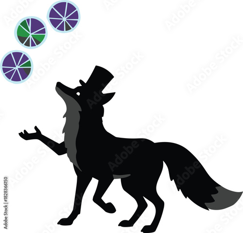 Cartoon fox silhouette juggling colorful citrus slices with top hat, whimsical anthropomorphic animal illustration, surreal symbolic fantasy artwork design