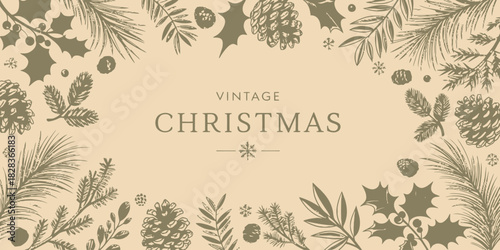 Celebrate vintage Christmas with elegant pinecones and holly decorations, perfect for festive greetings and classic holiday designs for invitations and cards