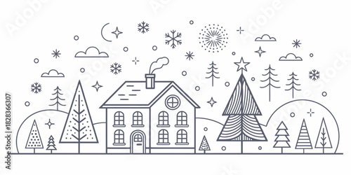 Charming winter village scene with cozy house and snow-covered trees, perfect for holiday greetings and festive designs, originally a scalable vector graphic