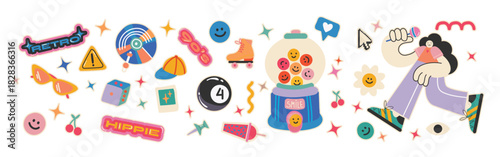 Retro sticker collection featuring 70s and 90s themed objects and doodles