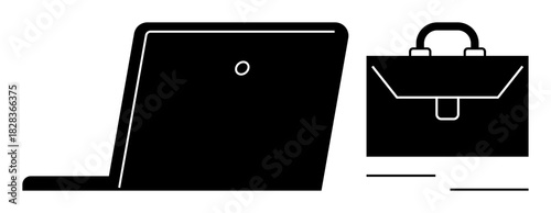 Silhouette of an open laptop and a briefcase symbolizes work, career, technology, and organization. Ideal for business, office, remote work, career growth coworking startups and productivity. A