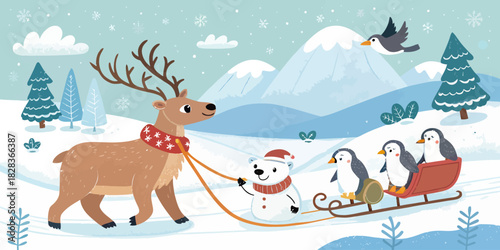 Delightful winter scene of a festive reindeer pulling penguins on a sleigh, led by a cheerful snowman, perfect for holiday cards and children's illustrations