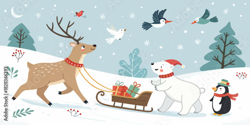 Delightful winter scene with reindeer pulling a sled of presents, cute polar bear, penguin, and playful birds in a whimsical snowy landscape, festive fun