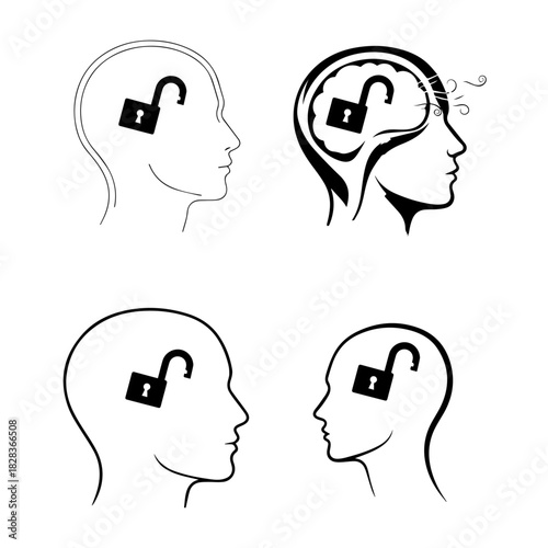 A stylized brain head outline with a small, simple padlock that is clearly open or detached.