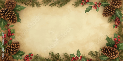Festive holiday background with pine cones, holly, and berries creates a warm, rustic Christmas season invitation or greeting card design with vintage charm