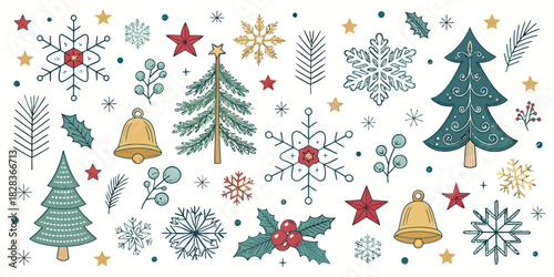 Festive Christmas holiday design, ideal for winter celebrations, bringing the joy of the season with trees, snowflakes and bells for holiday cheer