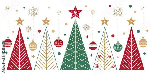 Stylish Christmas trees with ornaments and snowflakes, a festive design for holiday cheer and seasonal celebrations, originally created as scalable art