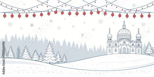 Enchanting winter scene showcasing a snow-covered landscape with a church silhouette, festive lights, and delicate snowflakes for holiday projects