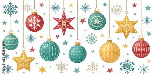 Festive Christmas cheer featuring hanging ornaments, snowflakes, and stars to bring joy and holiday spirit for greeting cards and festive design projects