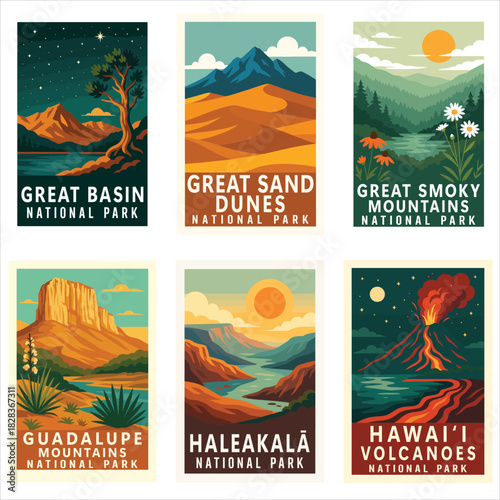 National Park Clipart Bundle, Vintage USA Park Illustration, Retro Landscape Art, Wall Decor ClipArt, Travel Poster Graphic
