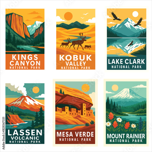Set of National Park Clipart, Vintage USA Park Illustration, Retro Landscape Art, Wall Decor ClipArt, Travel Poster Graphic
