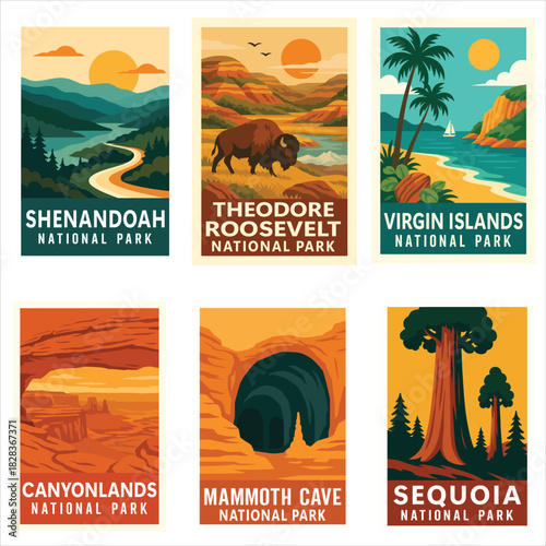 Collection of National Park Clipart, Vintage USA Park Illustration, Retro Landscape Art, Wall Decor ClipArt, Travel Poster Graphic
