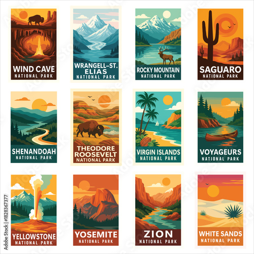 Collection of National Park Clipart, Vintage USA Park Illustration, Retro Landscape Art, Wall Decor ClipArt, Travel Poster Graphic
