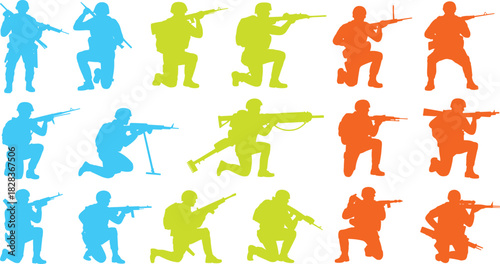 Colorful military soldier silhouettes in action poses, tactical combat figures, armed troops graphic set for design, strategy, warfare illustration resource