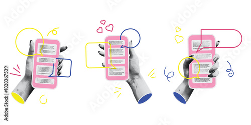 Pop Art Collage Collection of Vintage Hands Holding Pink Smartphones with Speech Bubbles for Social Media Communication