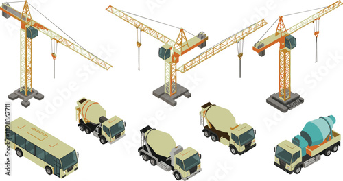 Construction cranes and cement mixer trucks illustration, industrial machinery equipment set, heavy duty vehicles, building site transport, engineering tools artwork