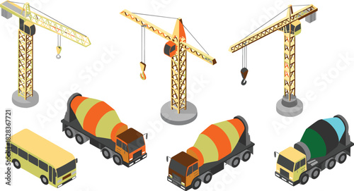 Construction cranes and cement mixer trucks illustration, industrial machinery equipment set, heavy duty vehicles, building site transport, engineering tools artwork