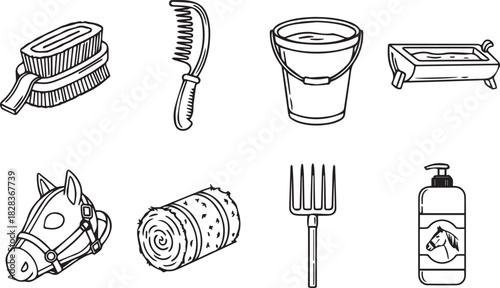 Line Art Illustration of Horse Care and Stable Management Equipment Set