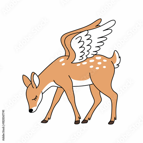 Cute cartoon fawn with white feathered wings bent down with eyes closed deer baby deer