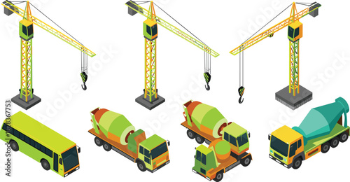 Construction cranes and cement mixer trucks illustration, industrial machinery equipment set, heavy duty vehicles, building site transport, engineering tools artwork