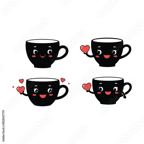 Adorable black coffee cups with smiling faces and red hearts set