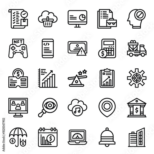 Business, Finance, and Digital Marketing Line Icon Set. Collection of Investment, SEO, and E-commerce Outline Symbols
