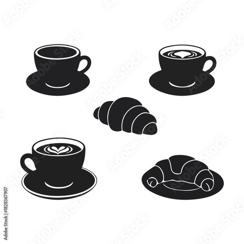 Coffee cups and croissants silhouette icons set for breakfast