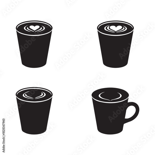 Collection of coffee cup icons with latte art design elements