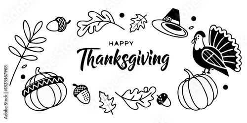 Vector illustration of words ‘Happy Thanksgiving’ in elegant calligraphy, surrounded by festive icons like pumpkins, leaves, turkey, and acorns