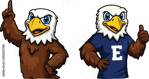 Cartoon eagle mascots, classic brown eagle and school spirit eagle with letter E shirt, thumbs up pose, character illustration design