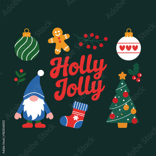 Flat design Christmas gnome gingerbread man stocking tree ornaments holly berries text Holly Jolly on dark green background.