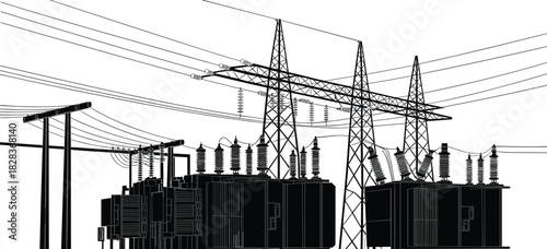 High voltage electrical substation with power transformers, transmission towers, overhead cables, energy infrastructure, industrial grid system, electricity distribution network, utility equipment
