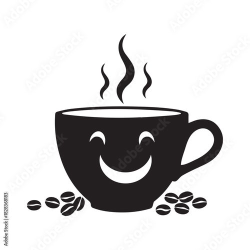 Happy steaming coffee cup with coffee beans logo design vector