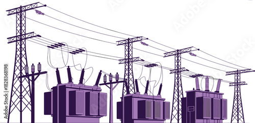 High-voltage electrical substation with power transformers, utility poles, transmission lines, industrial energy infrastructure illustration for engineering, technology, and power grid systems