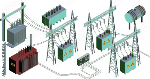 Industrial electrical substation diagram with transformers, power lines, and safety warnings for energy infrastructure and engineering concepts.