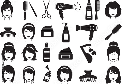 Silhouetted Black and White Icons of Hair Salon Tools and Products