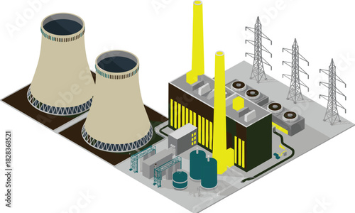 Isometric 3D render of a thermal power plant with cooling towers, smokestacks, and transmission lines for energy generation concepts.