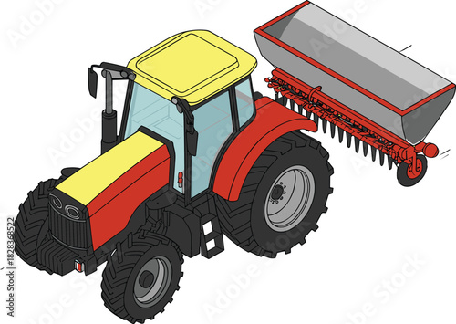 Isometric agricultural tractor with seed planter attachment, modern farming machinery illustration, crop planting equipment, agriculture technology concept, farm field work scene