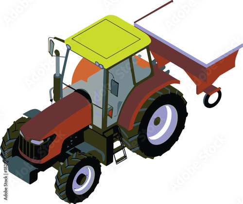 Isometric agricultural tractor with seed planter attachment, modern farming machinery illustration, crop planting equipment, agriculture technology concept, farm field work scene