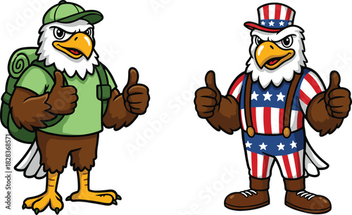 Cartoon bald eagle mascots, outdoor hiker with backpack and patriotic American flag outfit, thumbs up pose, strong character illustration design