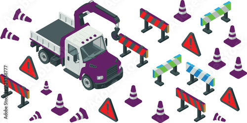 Isometric construction barriers and traffic cones with warning signs, utility truck, road safety equipment illustration, caution zone tools for transportation projects
