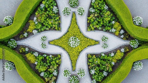 parterre. Symmetrical French garden with trimmed hedges and geometric patterns, aerial view. travel magazines, destination branding, designed for outdoor magazines and nature guides.